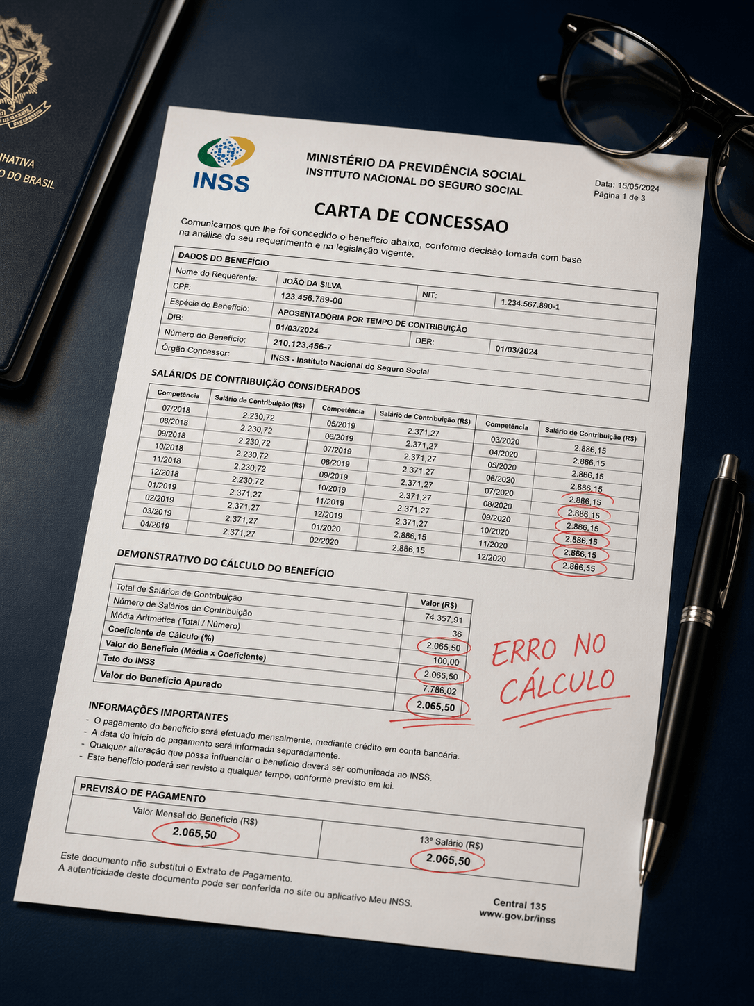 Carta de Concessão do INSS com erros de cálculo destacados em vermelho