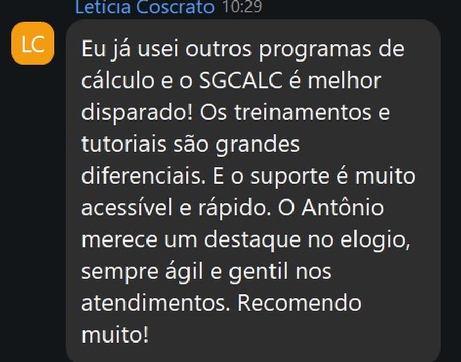 Depoimento de Letícia Coscrato sobre o SGCALC