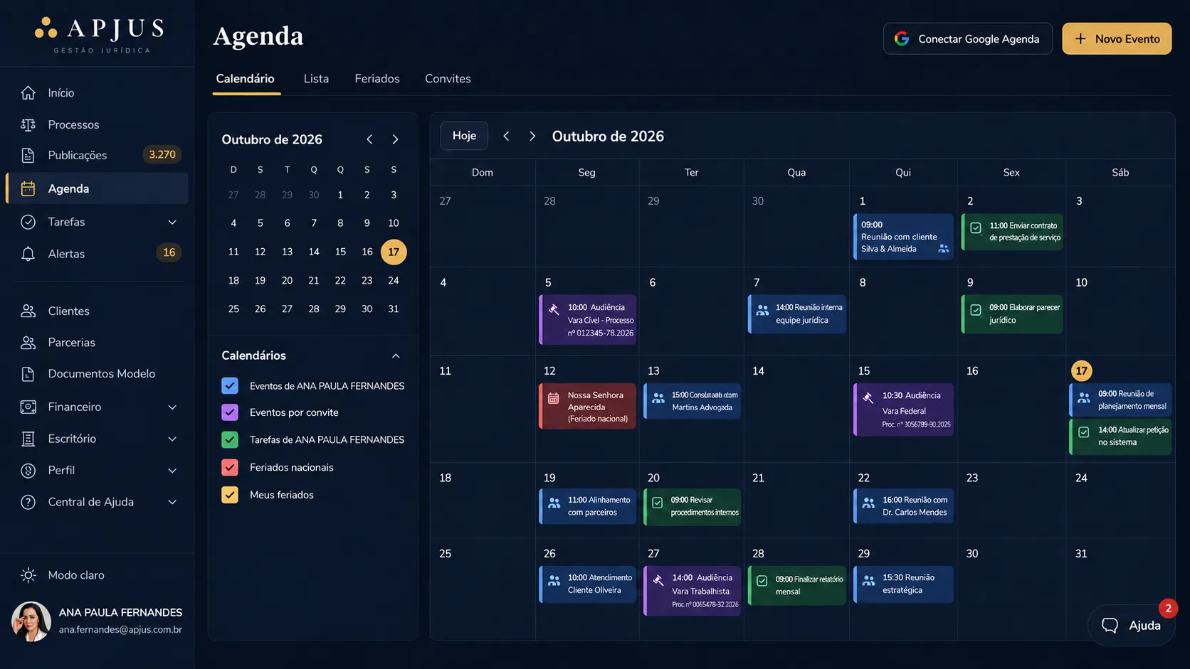 Ilustração da agenda do Apjus com conexão ao Google Calendar e Google Tasks